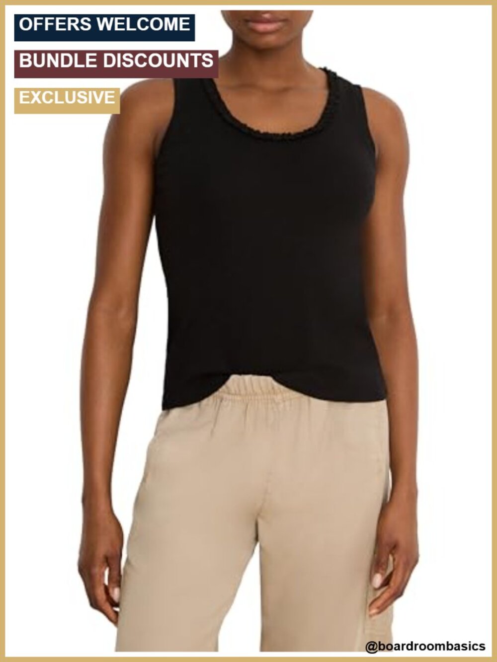 Ruffle Neck Cotton Slub Sleeveless Scoop Neck Tank Top